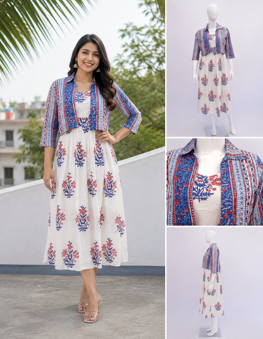 Floral Cotton Dress with Printed Jacket