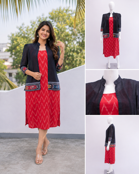 Red Ikat Cotton Sleeveless Dress with Black Jacket