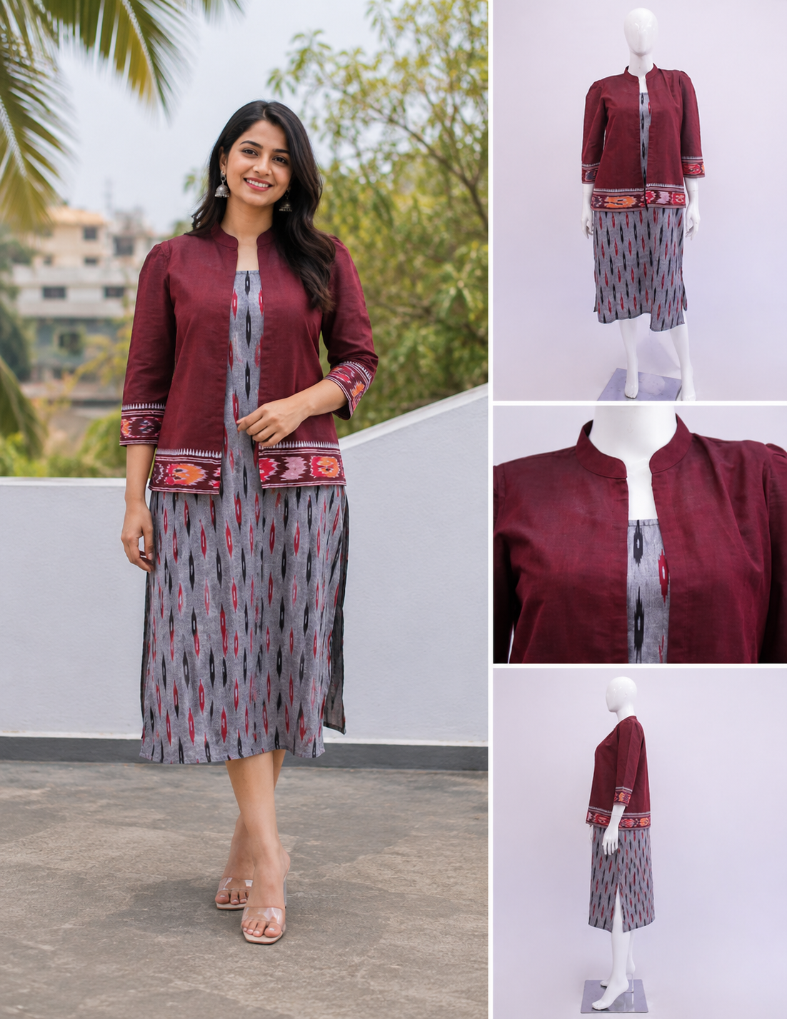 Grey Ikkat Cotton Sleeveless Dress with Maroon Jacket