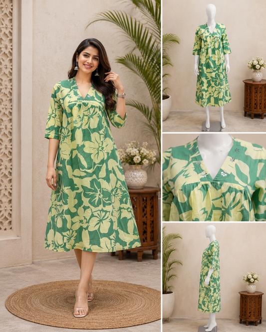 Cotton Pastel Green Floral Dress
