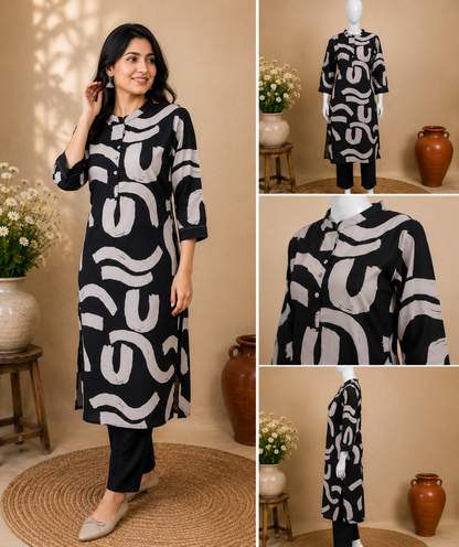 Black & Beige Abstract Print Cotton Kurta Set