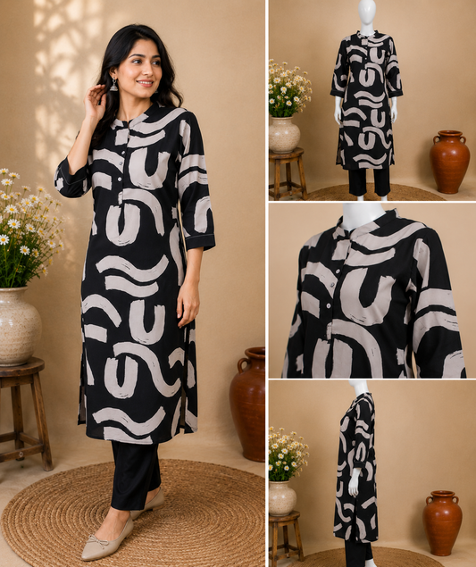 Black & Beige Abstract Print Cotton Kurta Set