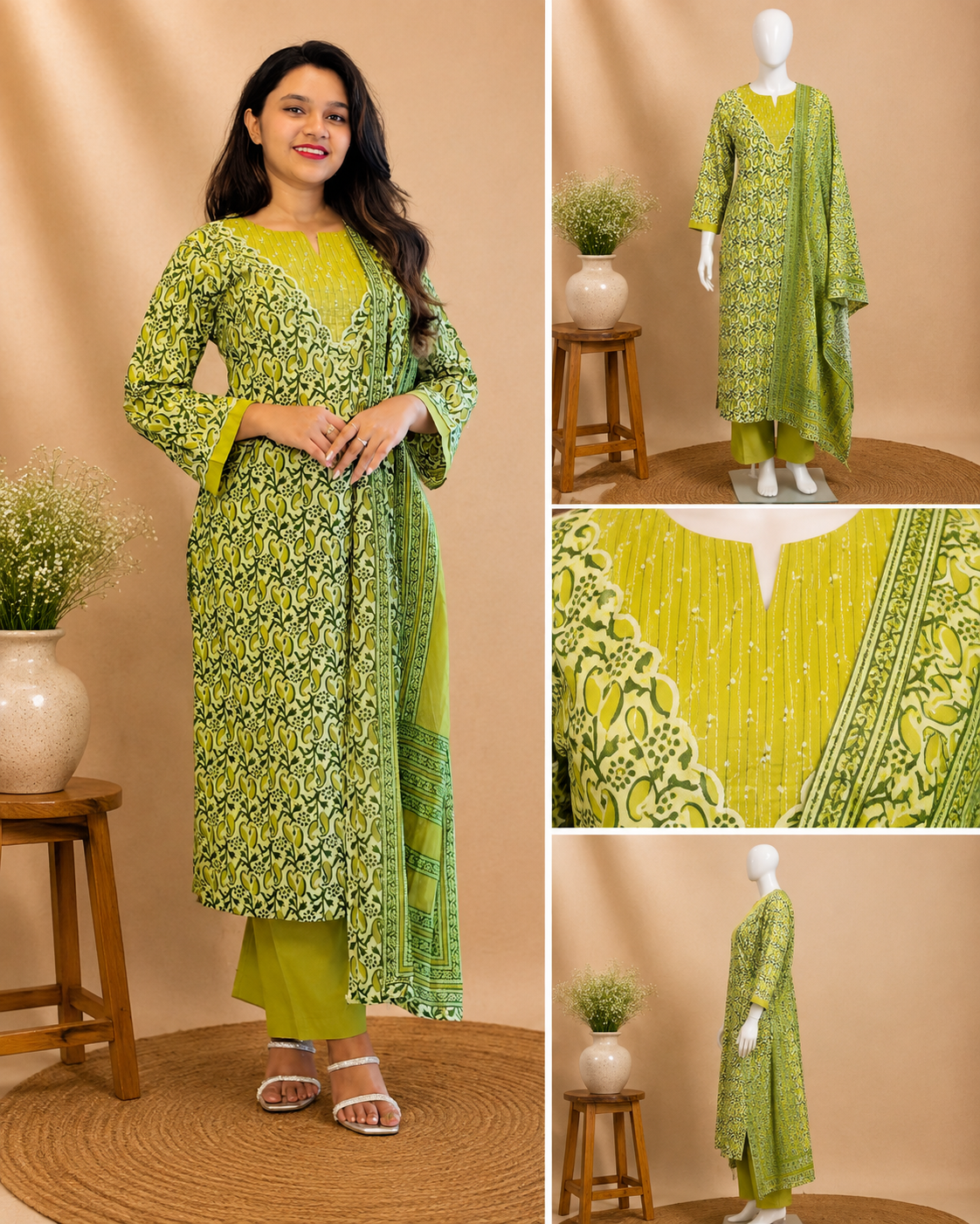Olive Green Printed  Dupatta Set