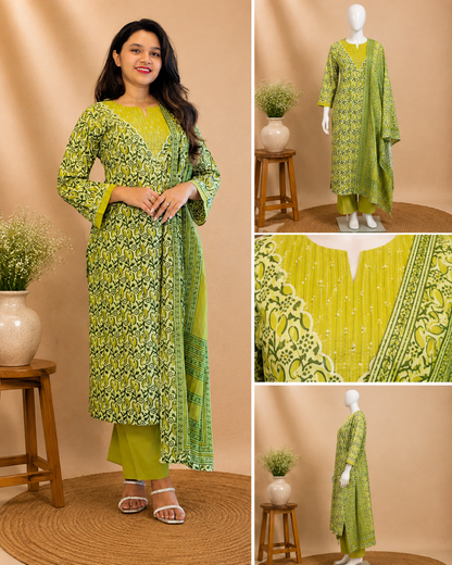 Olive Green Printed  Dupatta Set
