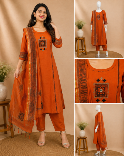 Orange Cotton Kurti Set with Dupatta Set