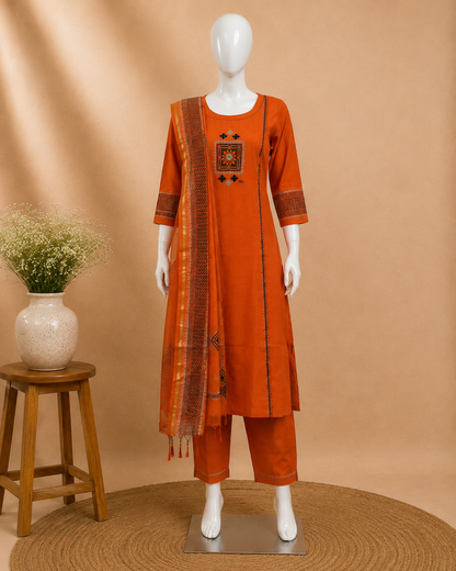 Orange Cotton Kurti Set with Dupatta Set