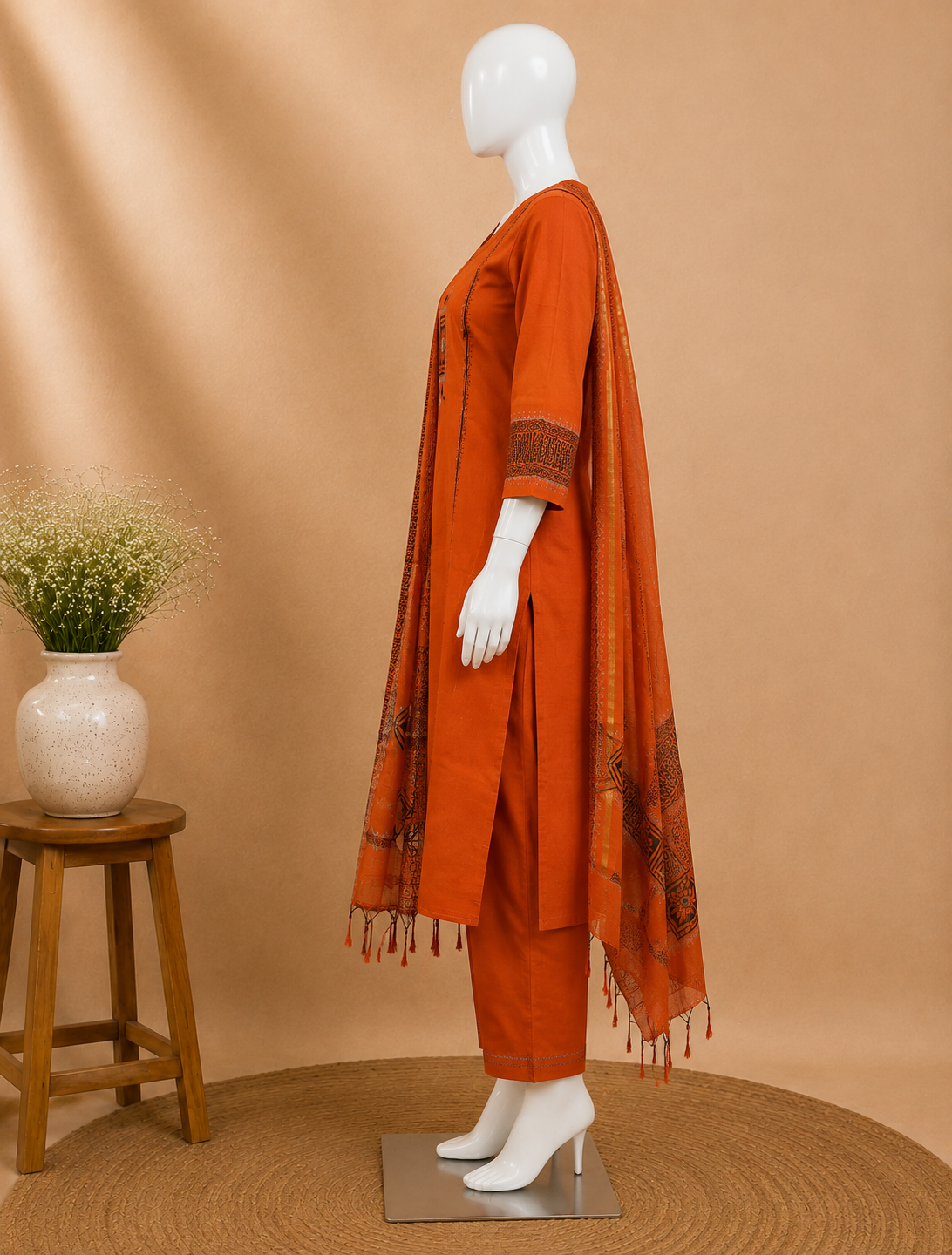 Orange Cotton Kurti Set with Dupatta Set