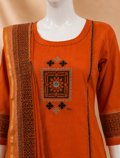 Orange Cotton Kurti Set with Dupatta Set