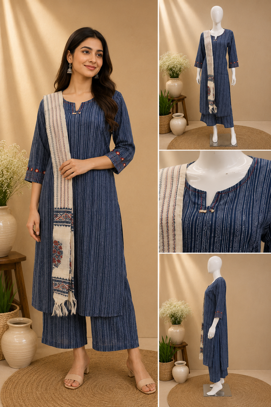 Cotton Blue Dupatta Set