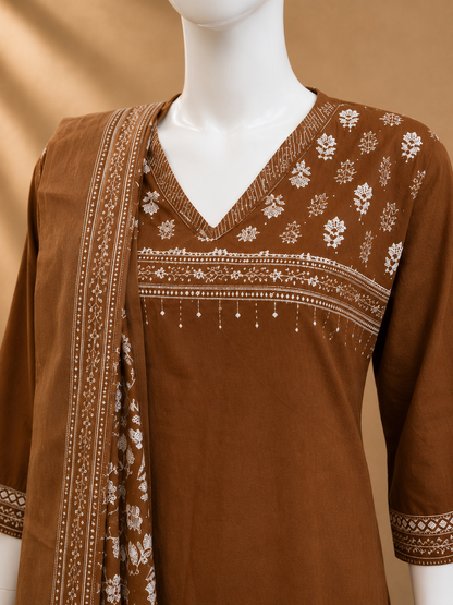 Brown Cotton Dupatta Set