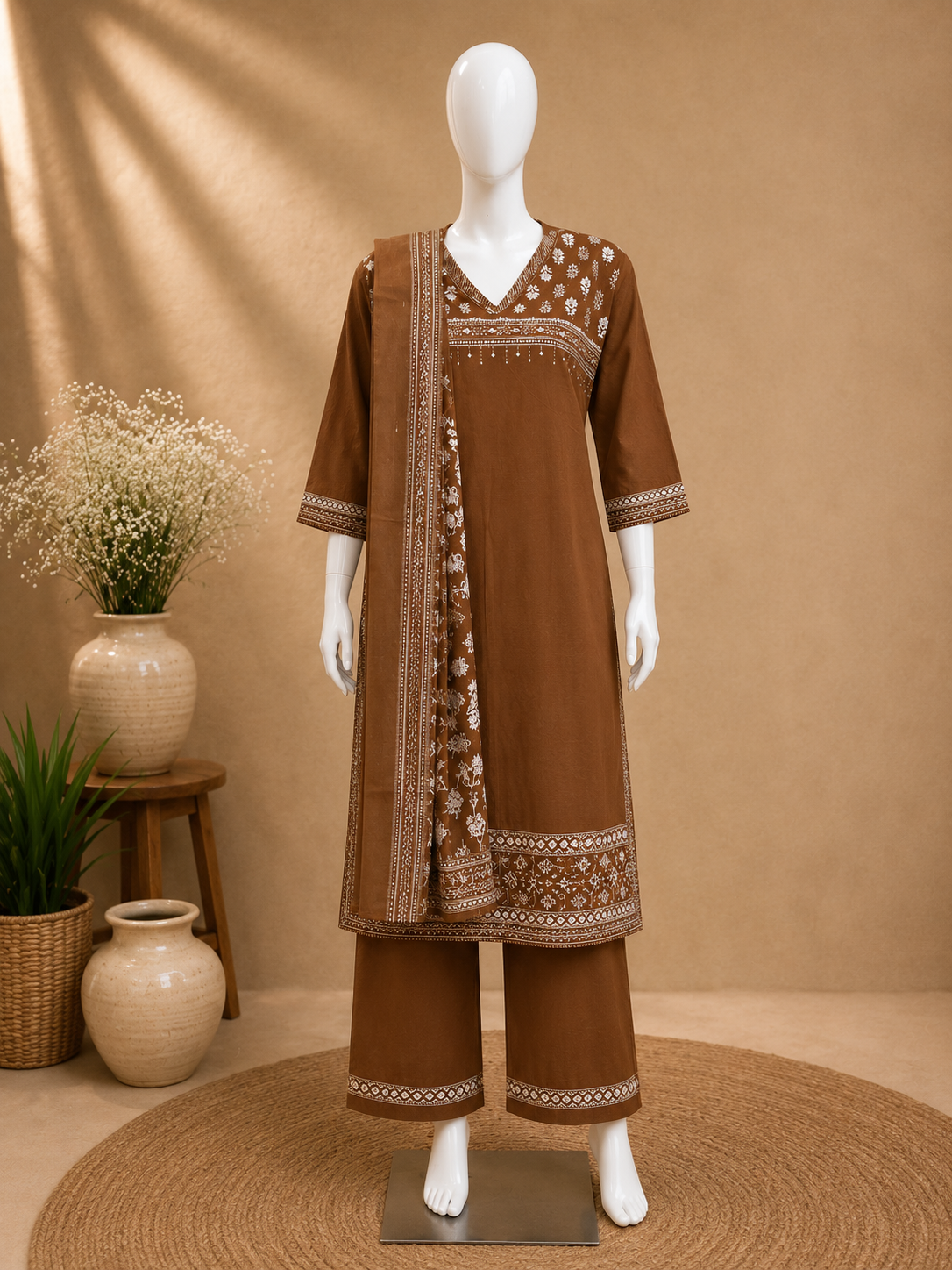 Brown Cotton Dupatta Set