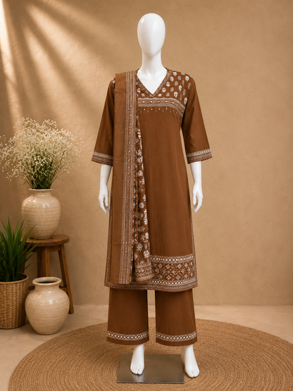 Brown Cotton Dupatta Set