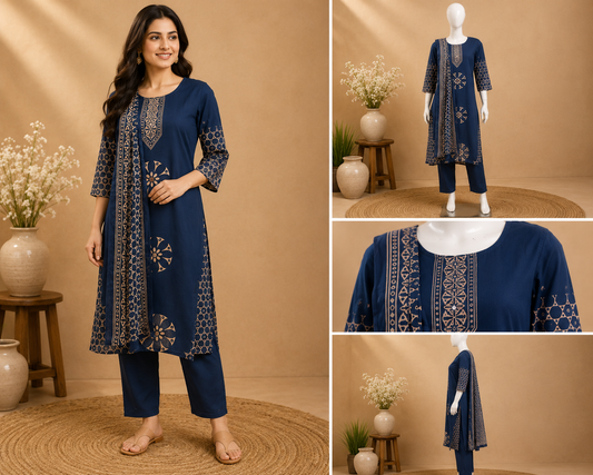 Navy Blue Printed Kurta Set with Dupatta Set
