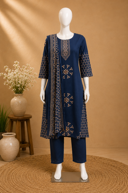 Navy Blue Printed Kurta Set with Dupatta Set