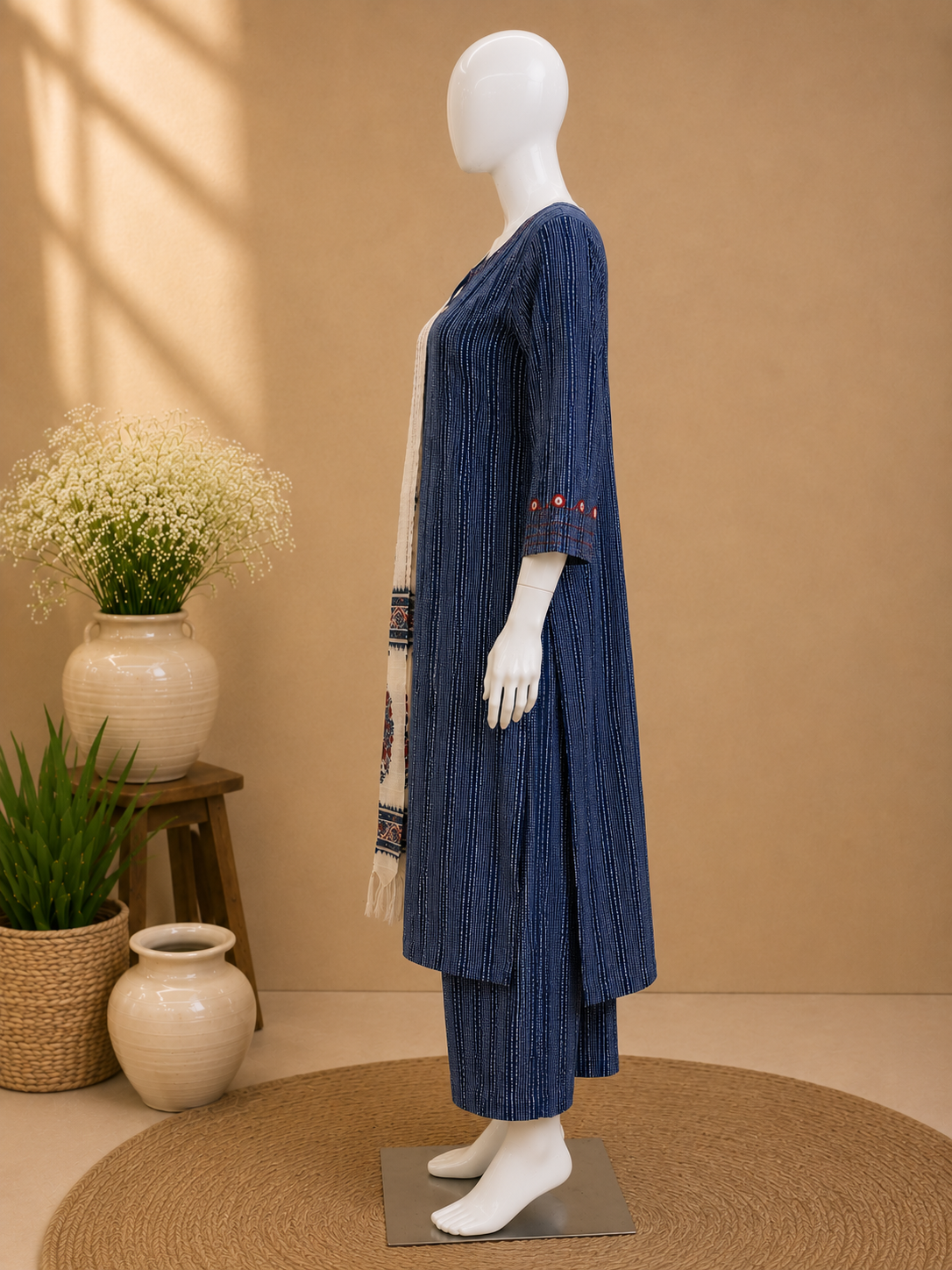 Cotton Blue Dupatta Set