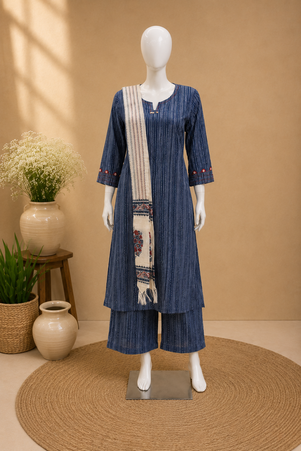 Cotton Blue Dupatta Set