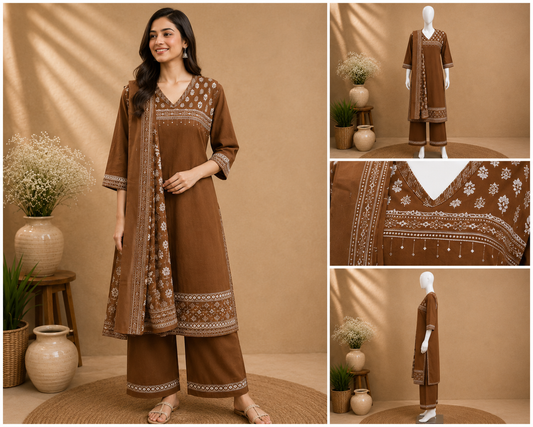 Brown Cotton Dupatta Set