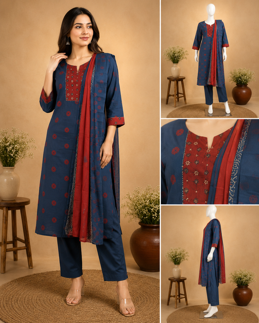 Indigo Charm Cotton  Dupatta Set