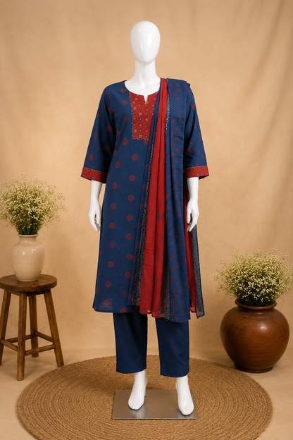 Indigo Charm Cotton  Dupatta Set