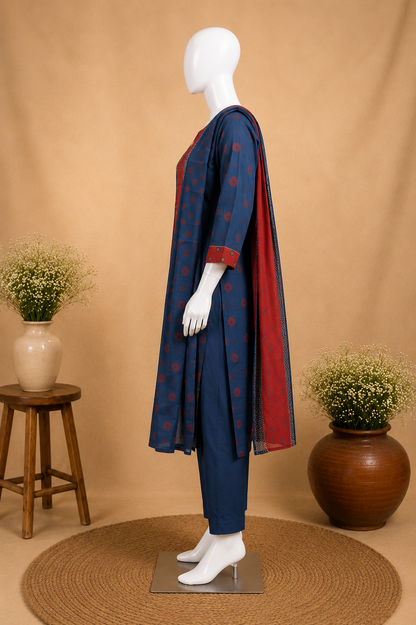 Indigo Charm Cotton  Dupatta Set