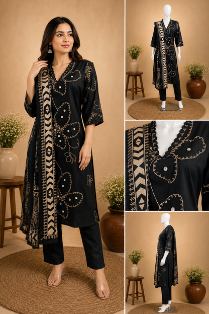 Cotton Black Dupatta Set