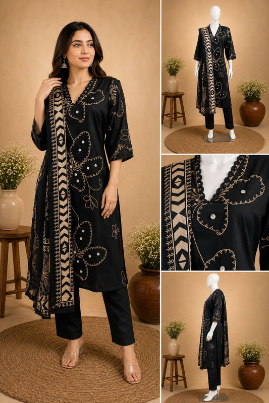 Cotton Black Dupatta Set