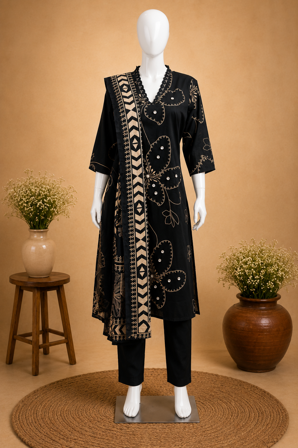 Cotton Black Dupatta Set