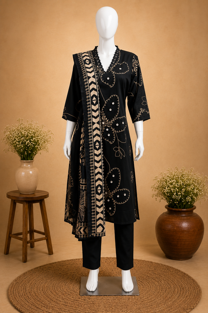 Cotton Black Dupatta Set