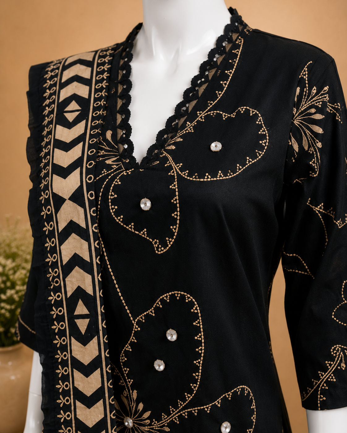 Cotton Black Dupatta Set