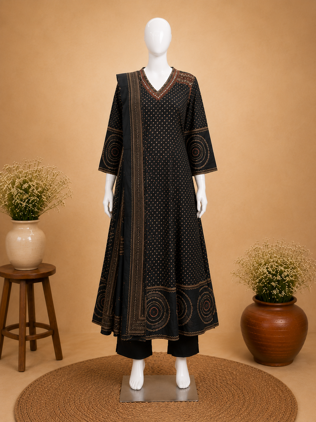 Black Cotton Anarkali Dupatta Set