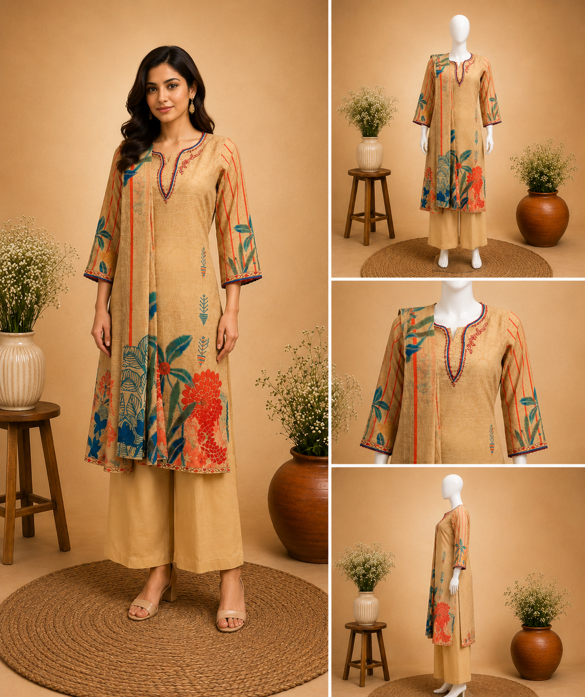 Beige Floral Printed Kurti Set with Dupatta Set
