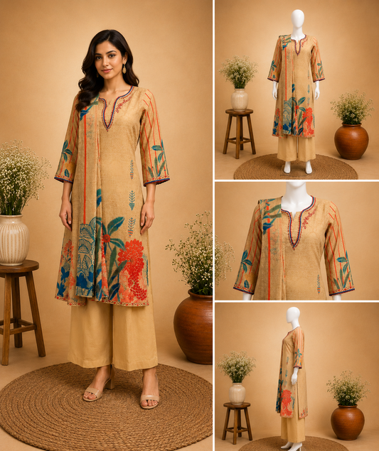 Beige Floral Printed Kurti Set with Dupatta Set
