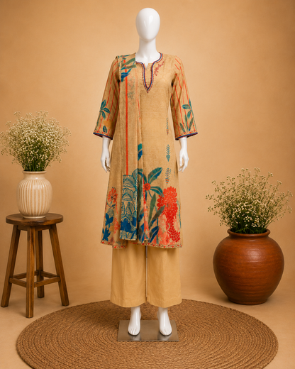 Beige Floral Printed Kurti Set with Dupatta Set