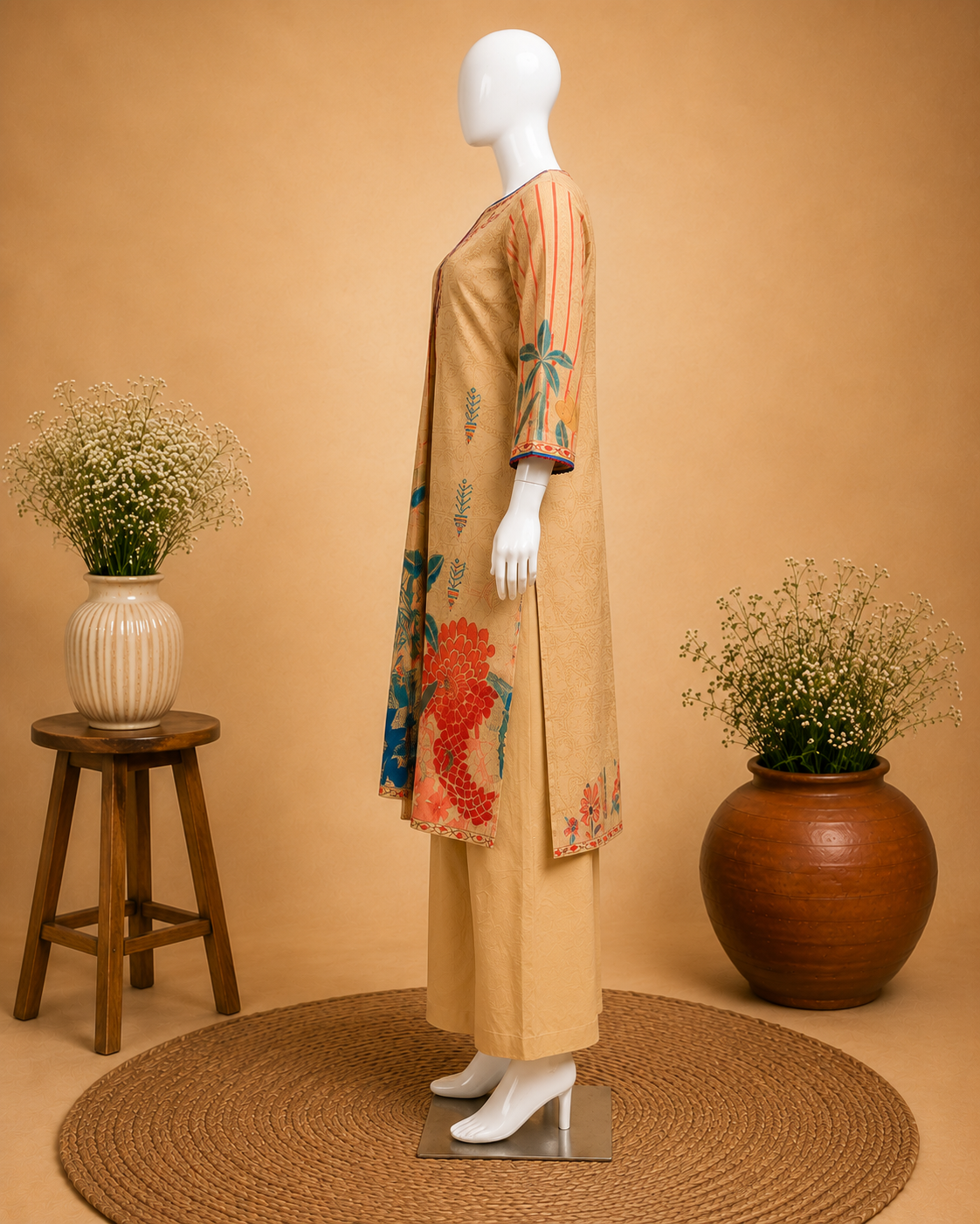 Beige Floral Printed Kurti Set with Dupatta Set