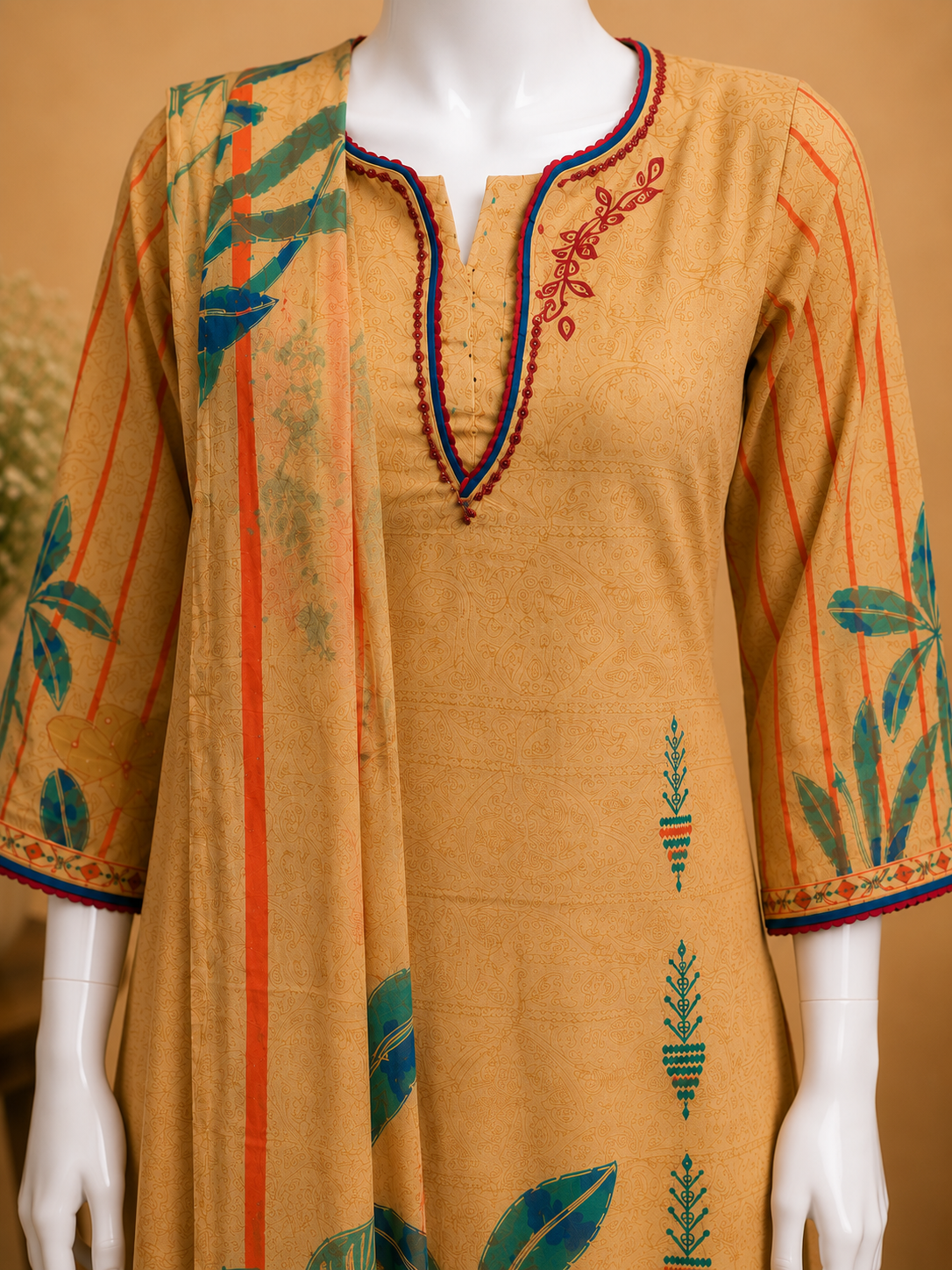 Beige Floral Printed Kurti Set with Dupatta Set