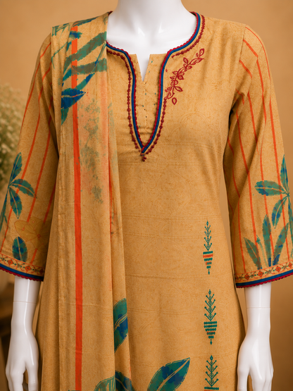 Beige Floral Printed Kurti Set with Dupatta Set