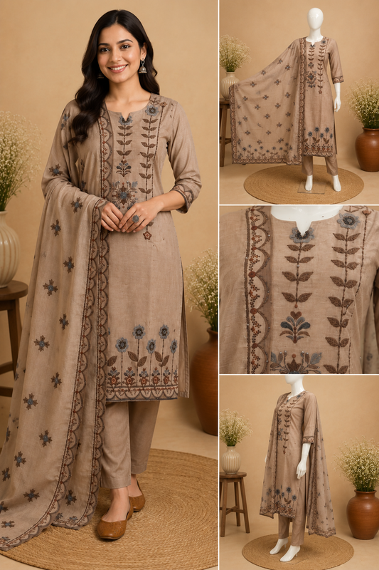 Beige Jamdani Embroidered  Dupatta Set