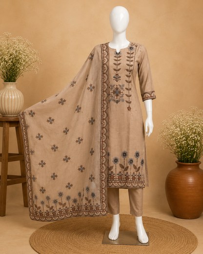 Beige Jamdani Embroidered  Dupatta Set