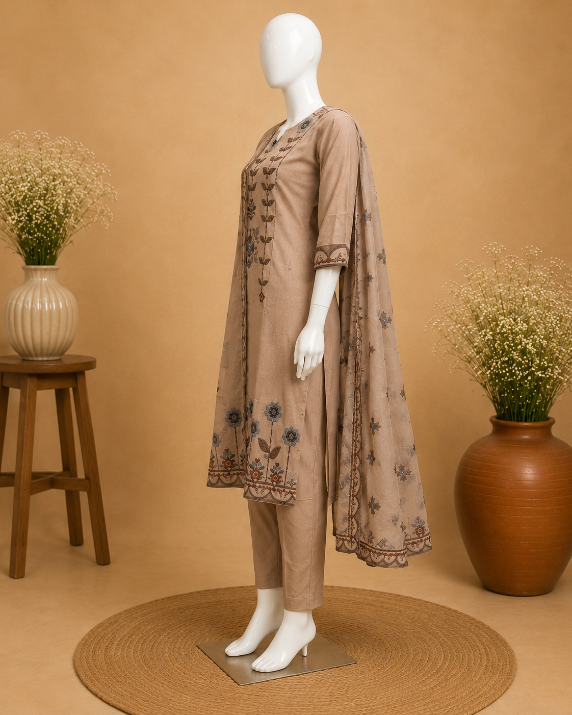Beige Jamdani Embroidered  Dupatta Set