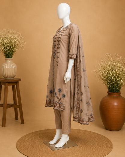 Beige Jamdani Embroidered  Dupatta Set