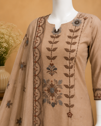 Beige Jamdani Embroidered  Dupatta Set