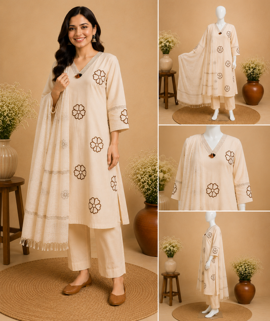 Khadi Cotton Cream Dupatta Set