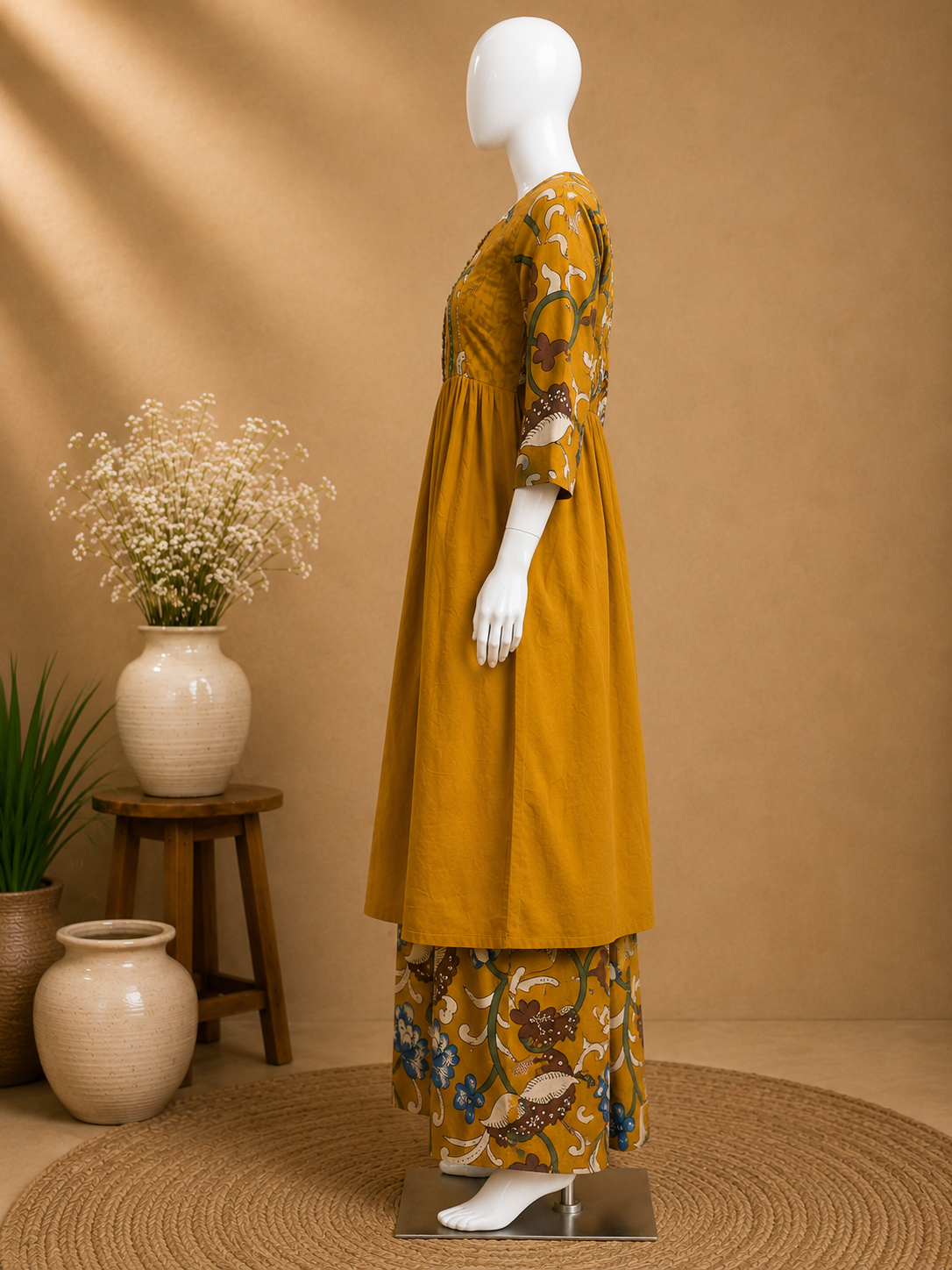 Mustard Printed Flared  Dupatta Set