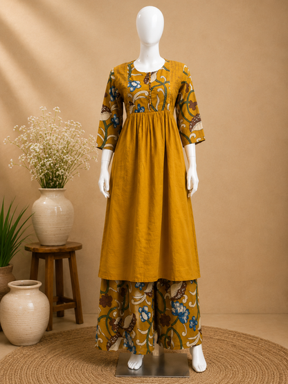 Mustard Printed Flared  Dupatta Set