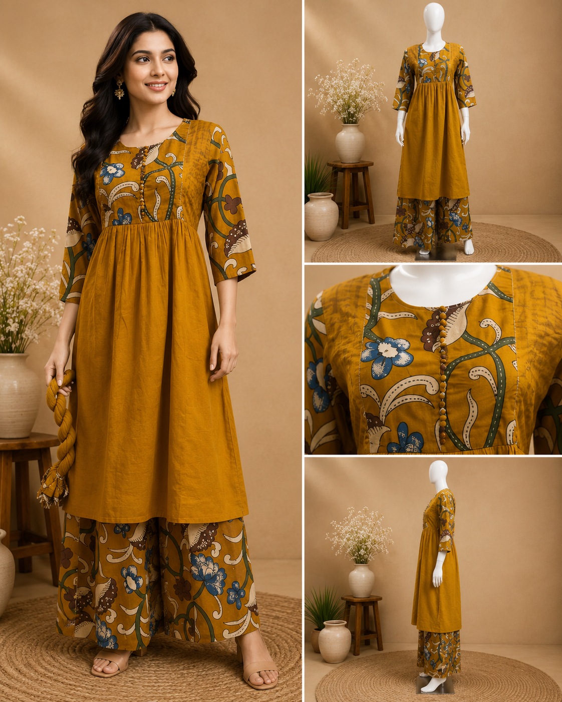 Mustard Printed Flared  Dupatta Set