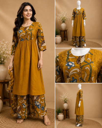 Mustard Printed Flared  Dupatta Set