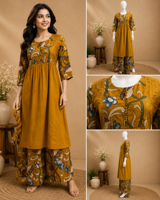 Mustard Printed Flared  Dupatta Set