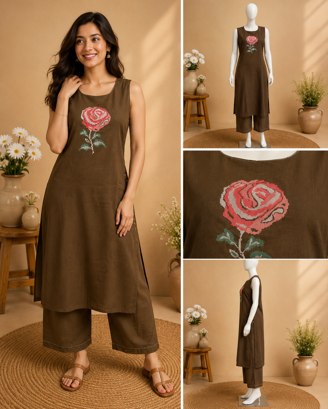 Brown Floral Embroidered Flex Cotton Kurta Set