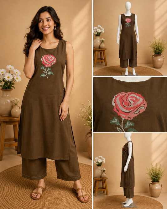 Brown Floral Embroidered Flex Cotton Kurta Set