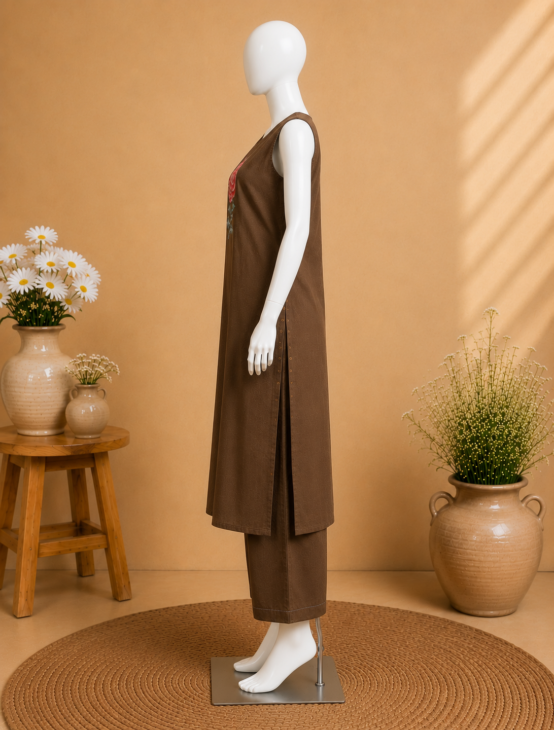 Brown Floral Embroidered Flex Cotton Kurta Set